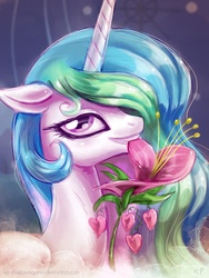 Size: 900x1200 | Tagged: safe, artist:kp-shadowsquirrel, princess celestia, alicorn, pony, g4, female, floppy ears, flower, flower in mouth, grin, heart, heart's desire, looking at you, mare, mouth hold, smiling, solo