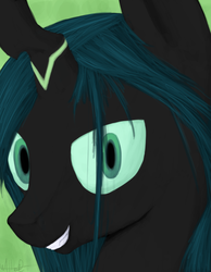 Size: 700x900 | Tagged: dead source, safe, artist:mister-hand, queen chrysalis, changeling, changeling queen, g4, bust, close-up, female, frown, portrait, signature, smiling, solo