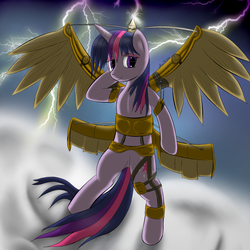 Size: 1920x1920 | Tagged: safe, artist:abluskittle, twilight sparkle, pony, unicorn, g4, artificial wings, augmented, bipedal, female, flying, lightning, mare, mechanical wing, solo, steampunk, unicorn twilight, wings