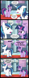 Size: 1143x3050 | Tagged: dead source, safe, artist:veggie55, shining armor, twilight sparkle, pony, unicorn, a canterlot wedding, g4, alternate scenario, brother and sister, comic, female, implied twilight velvet, male, mare, sibling rivalry, siblings, stallion, tongue out, unicorn twilight