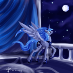 Size: 1600x1600 | Tagged: safe, artist:dalagar, princess luna, alicorn, pony, g4, balcony, female, mare, moon, night, solo