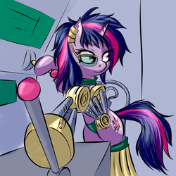 Size: 700x700 | Tagged: safe, artist:snus-kun, twilight sparkle, cyborg, pony, unicorn, g4, alternate hairstyle, amputee, bipedal, bipedal leaning, female, leaning, lever, mare, prosthetic limb, prosthetics, solo