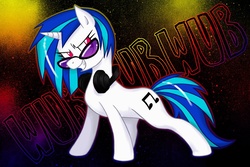 Size: 900x600 | Tagged: safe, artist:linaprime, dj pon-3, vinyl scratch, pony, unicorn, g4, female, grin, headphones, mare, smiling, solo, sunglasses