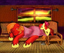 Size: 900x753 | Tagged: safe, artist:chaosdrop, apple bloom, big macintosh, earth pony, pony, g4, blanket, brother and sister, cottagecore, filly, male, sleeping, stallion, sunset