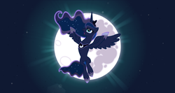Size: 1766x936 | Tagged: safe, artist:thatoneaj, princess luna, alicorn, pony, g4, backlighting, female, flying, mare, moon, night, solo, spread wings, wings