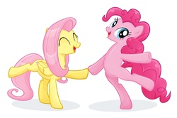 Size: 1187x787 | Tagged: safe, artist:catwhitney, fluttershy, pinkie pie, earth pony, pegasus, pony, g4, bipedal, dancing, duo, duo female, female, mare, open mouth, simple background, white background