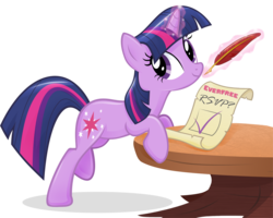 Size: 1139x909 | Tagged: safe, artist:catwhitney, twilight sparkle, pony, unicorn, g4, female, glowing horn, horn, magic, mare, quill, scroll, simple background, solo, table, telekinesis, transparent background, unicorn twilight
