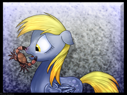 Size: 1022x767 | Tagged: safe, artist:lova-gardelius, derpy hooves, crab, pegasus, pony, g4, abstract background, abuse, crying, derpybuse, female, floppy ears, mare, nose pinch, profile, solo