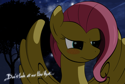 Size: 2560x1724 | Tagged: safe, artist:zipomon, fluttershy, pegasus, pony, g4, blushing, female, mare, night, solo, tree