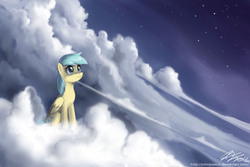 Size: 2000x1333 | Tagged: safe, artist:johnjoseco, sunshower raindrops, pegasus, pony, g4, cloud, cloudy, female, hooves, looking up, mare, night, night sky, on a cloud, sitting, sitting on a cloud, sky, solo, stars, wings