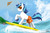 Size: 1500x1000 | Tagged: safe, artist:johnjoseco, shining armor, trixie, pony, unicorn, g4, clothes, female, hang gliding, male, ocean, raised hoof, stallion, sunglasses, surfing, swimming trunks, swimsuit, topless