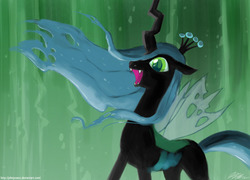 Size: 1100x792 | Tagged: safe, artist:johnjoseco, queen chrysalis, changeling, changeling queen, g4, crown, evil laugh, female, flowing mane, jewelry, laughing, mare, open mouth, regalia, signature, smiling, solo, standing