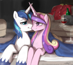 Size: 1100x990 | Tagged: safe, artist:johnjoseco, princess cadance, shining armor, alicorn, pony, unicorn, g4, alcohol, bedroom eyes, blanket, blushing, drink, female, glass, grin, horn, horns are touching, loving gaze, male, mare, missing accessory, nuzzling, prone, romance, romantic, ship:shiningcadance, shipping, smiling, stallion, straight, wine