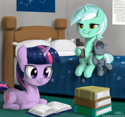 Size: 1000x938 | Tagged: safe, artist:johnjoseco, lyra heartstrings, smarty pants, twilight sparkle, pony, unicorn, g4, bed, book, chocolate, cute, eating, female, filly, periodic table, prone, reading, sitting, unicorn twilight