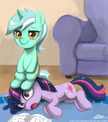 Size: 800x897 | Tagged: safe, artist:johnjoseco, lyra heartstrings, twilight sparkle, pony, unicorn, g4, couch, female, filly, on side, sitting, sitting on head, sitting on pony, unicorn twilight