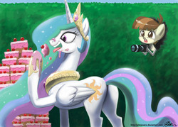 Size: 1300x929 | Tagged: safe, artist:johnjoseco, featherweight, princess celestia, alicorn, pegasus, pony, g4, ponyville confidential, butt, cake, cakelestia, camera, cherry, colt, crown, eating, female, folded wings, food, jewelry, majestic as fuck, male, mare, open mouth, plot, regalia, spying, stuffing, sunbutt, tiara, wings