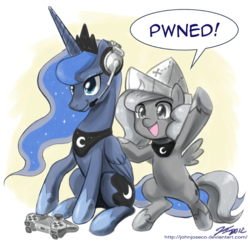 Size: 1000x966 | Tagged: safe, artist:johnjoseco, princess luna, alicorn, pony, gamer luna, moonstuck, g4, cartographer's cap, cheering, controller, crossover, crown, cute, dual persona, eyeshadow, female, filly, grayscale, hat, headphones, hoof shoes, jewelry, makeup, mare, microphone, monochrome, newspaper hat, paper hat, peytral, playing video games, pwned, regalia, self ponidox, simple background, sitting, tiara, underhoof, woona, yellow background