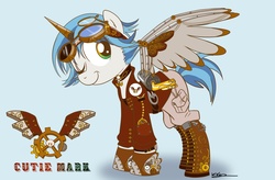 Size: 3300x2163 | Tagged: safe, artist:kolterace, oc, oc only, oc:cloud blitz, pony, artificial wings, augmented, boots, clothes, female, goggles, high res, mare, mechanical wing, one eye closed, simple background, solo, steampunk, wings