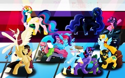 Size: 1200x750 | Tagged: safe, artist:emeraldpony, pinkie pie, princess celestia, princess luna, rainbow dash, spike, twilight sparkle, wild fire, oc, oc:cteno, oc:fausticorn, oc:madmax, alicorn, dragon, earth pony, pegasus, pony, unicorn, g4, alicorn oc, dance floor, disc jockey, female, lauren faust, male, mare, party, turntable, unicorn twilight