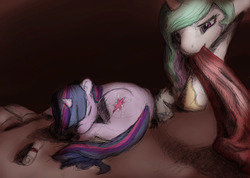 Size: 993x709 | Tagged: safe, artist:silfoe, princess celestia, twilight sparkle, alicorn, pony, unicorn, g4, blanket, book, curled up, female, filly, mare, momlestia, mouth hold, scroll, sleeping