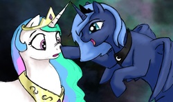 Size: 1296x768 | Tagged: safe, artist:silfoe, princess celestia, princess luna, alicorn, pony, g4, abstract background, boop, female, flying, happy, mare, s1 luna