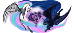 Size: 4000x1800 | Tagged: safe, artist:silfoe, princess celestia, princess luna, twilight sparkle, alicorn, pony, unicorn, g4, contrast, day, eyes closed, female, floating, flying, high res, magic, mare, night, simple background, spread wings, symbolism, transparent background, trio, trio female, twilight (astronomy), underhoof, unicorn twilight, wallpaper