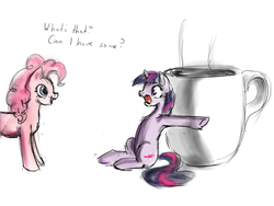 Size: 1000x750 | Tagged: safe, artist:silfoe, pinkie pie, twilight sparkle, earth pony, pony, unicorn, g4, coffee, curious, drink, female, leaning, mare, micro, mug, open mouth, pinkie found the coffee, scared, simple background, sitting, smiling, this will end in tears and/or death, unicorn twilight, wide eyes, xk-class end-of-the-world scenario