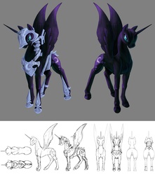 Size: 1500x1700 | Tagged: safe, artist:silfoe, nightmare moon, alicorn, pony, journey of the spark, g4, armor, bald, concept art, female, front view, glare, gray background, high angle, horn, mare, missing accessory, no armor, no tail, realistic horse legs, rear view, redesign, side view, simple background, sketch, slit pupils, solo, spread wings, study, white background, wings