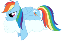 Size: 1612x1078 | Tagged: safe, artist:littlehybridshila, rainbow dash, pegasus, pony, g4, cloud, female, frown, frustrated, grumpy, grumpy dash, hooves, lying on a cloud, mare, on a cloud, prone, sad, simple background, solo, transparent background, wings