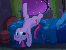 Size: 1295x1000 | Tagged: safe, artist:empty-10, twilight sparkle, pony, unicorn, annoyed, bed, blanket, bored, female, frown, golden oaks library, insomnia, mare, night, on back, pillow, solo, twilight sparkle is not amused, unamused, unicorn twilight, upside down, window