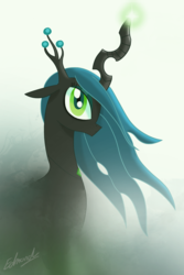 Size: 1280x1920 | Tagged: safe, artist:edvedd, queen chrysalis, changeling, changeling queen, g4, crown, female, jewelry, magic, regalia, signature, solo, standing