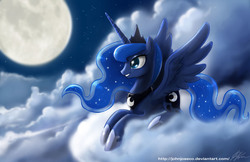 Size: 1330x861 | Tagged: safe, artist:johnjoseco, princess luna, alicorn, pony, cloud, cloudy, cutie mark, female, full moon, hooves, horn, jewelry, lying on a cloud, mare, moon, night, night sky, on a cloud, profile, prone, regalia, sky, smiling, solo, spread wings, stars, tiara, wings