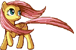 Size: 398x264 | Tagged: safe, artist:pix3m, fluttershy, pegasus, pony, g4, animated, cute, cutie mark, female, flowing mane, gif, looking away, looking back, mare, pixel art, simple background, smiling, solo, tail, transparent background, windswept mane, windswept tail
