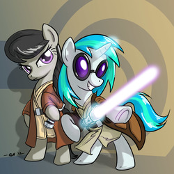 Size: 1280x1280 | Tagged: safe, artist:giantmosquito, dj pon-3, octavia melody, vinyl scratch, earth pony, pony, unicorn, g4, bipedal, clothes, crossover, energy weapon, female, jedi, lightsaber, mare, star wars, weapon