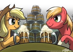 Size: 1000x716 | Tagged: safe, artist:johnjoseco, applejack, big macintosh, earth pony, pony, g4, cider, drinking contest, eye contact, female, looking at each other, male, mare, stallion