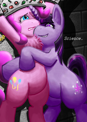 Size: 1000x1400 | Tagged: safe, artist:captainggkitten, pinkie pie, twilight sparkle, earth pony, pony, unicorn, g4, belly, bipedal, chest fluff, creepy, crying, female, fluffy, hape, hug, insanity, mad scientist, mare, personal space invasion, science, unicorn twilight