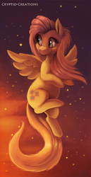 Size: 413x800 | Tagged: safe, artist:cryptid-creations, fluttershy, pegasus, pony, g4, cute, female, fluffy, flying, looking back, mare, smiling, solo, spread wings, stars