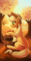 Size: 413x800 | Tagged: safe, artist:cryptid-creations, applejack, earth pony, pony, g4, apple, barrel, female, happy, mare, sitting, solo, tree