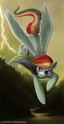 Size: 413x800 | Tagged: safe, artist:cryptid-creations, rainbow dash, pegasus, pony, g4, female, flying, forest, lightning, mare, river, solo
