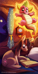 Size: 413x800 | Tagged: dead source, safe, artist:cryptid-creations, spike, twilight sparkle, dragon, pony, unicorn, g4, bed, book, butt, clock, female, magic, male, mare, night, reading, telekinesis, wingless spike