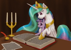 Size: 1023x723 | Tagged: safe, artist:steamroller988, princess celestia, twilight sparkle, alicorn, pony, unicorn, g4, book, candle, female, filly, foal, happy, inkwell, mare, momlestia, quill, reading