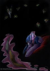 Size: 900x1272 | Tagged: safe, artist:aeritus, discord, twilight sparkle, pony, unicorn, g4, crying, female, letter, mare, nightmare, quill, traditional art