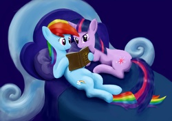 Size: 2046x1446 | Tagged: dead source, safe, artist:steamroller988, rainbow dash, twilight sparkle, pegasus, pony, unicorn, g4, bed, book, female, happy, lesbian, mare, on back, prone, rainbow dash's house, reading, ship:twidash, shipping