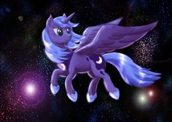 Size: 1023x723 | Tagged: dead source, safe, artist:steamroller988, princess luna, alicorn, pony, g4, female, flying, looking back, mare, s1 luna, solo, space, stars