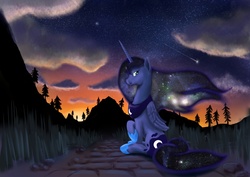 Size: 1023x723 | Tagged: dead source, safe, artist:steamroller988, princess luna, alicorn, pony, g4, cloud, female, mare, shooting star, sitting, solo, stars