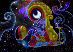 Size: 1023x723 | Tagged: dead source, safe, artist:steamroller988, princess luna, alicorn, pony, g4, ethereal mane, eyes closed, female, mare, prone, solo, stars, throne