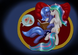 Size: 1023x723 | Tagged: dead source, safe, artist:steamroller988, princess celestia, princess luna, alicorn, pony, g4, book, cake, cuddling, cute, cutelestia, eyes closed, female, grin, happy, hug, laughing, lunabetes, mare, missing accessory, on back, on side, open mouth, princess, reading, s1 luna, smiling, snuggling