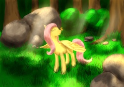 Size: 1023x723 | Tagged: safe, artist:steamroller988, fluttershy, butterfly, pegasus, pony, g4, crepuscular rays, eyes closed, female, happy, mare, solo, tree
