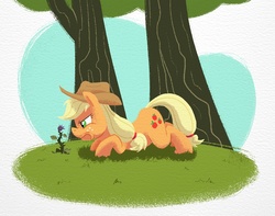 Size: 1035x815 | Tagged: safe, artist:wizardwannabe, applejack, earth pony, pony, g4, angry, applejack is not amused, female, mare, solo, tree, weeds, working