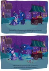 Size: 1396x2010 | Tagged: safe, artist:wizardwannabe, princess luna, twilight sparkle, alicorn, pony, unicorn, g4, building, candy, cart, clothes, comic, costume, cup, cupcake, dialogue, drink, female, flying, frown, house, lollipop, magic, mare, night, nightmare night, open mouth, parody, punch, punch bowl, raised hoof, scared, sitting, skull, sky, slice of life, smiling, sonic xboom, spread wings, stall, stars, thor, traditional royal canterlot voice, yelling